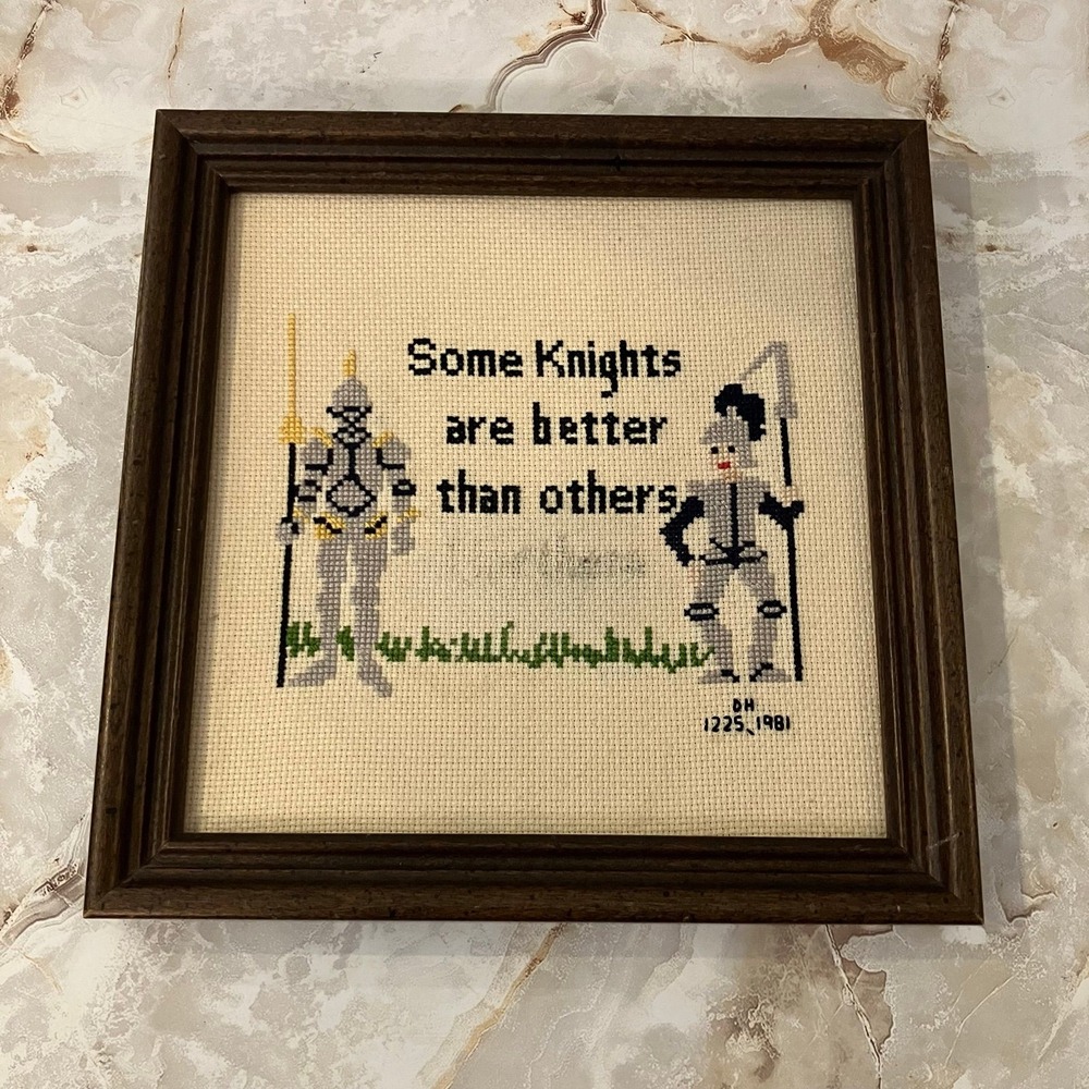 Vintage Framed Cross Stitch "Some Knights are Better Than Others" 1981